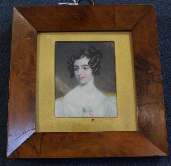 Charles Ford (1801-1870) Miniature of a young lady wearing a white dress, 3.25 x 2.5in.